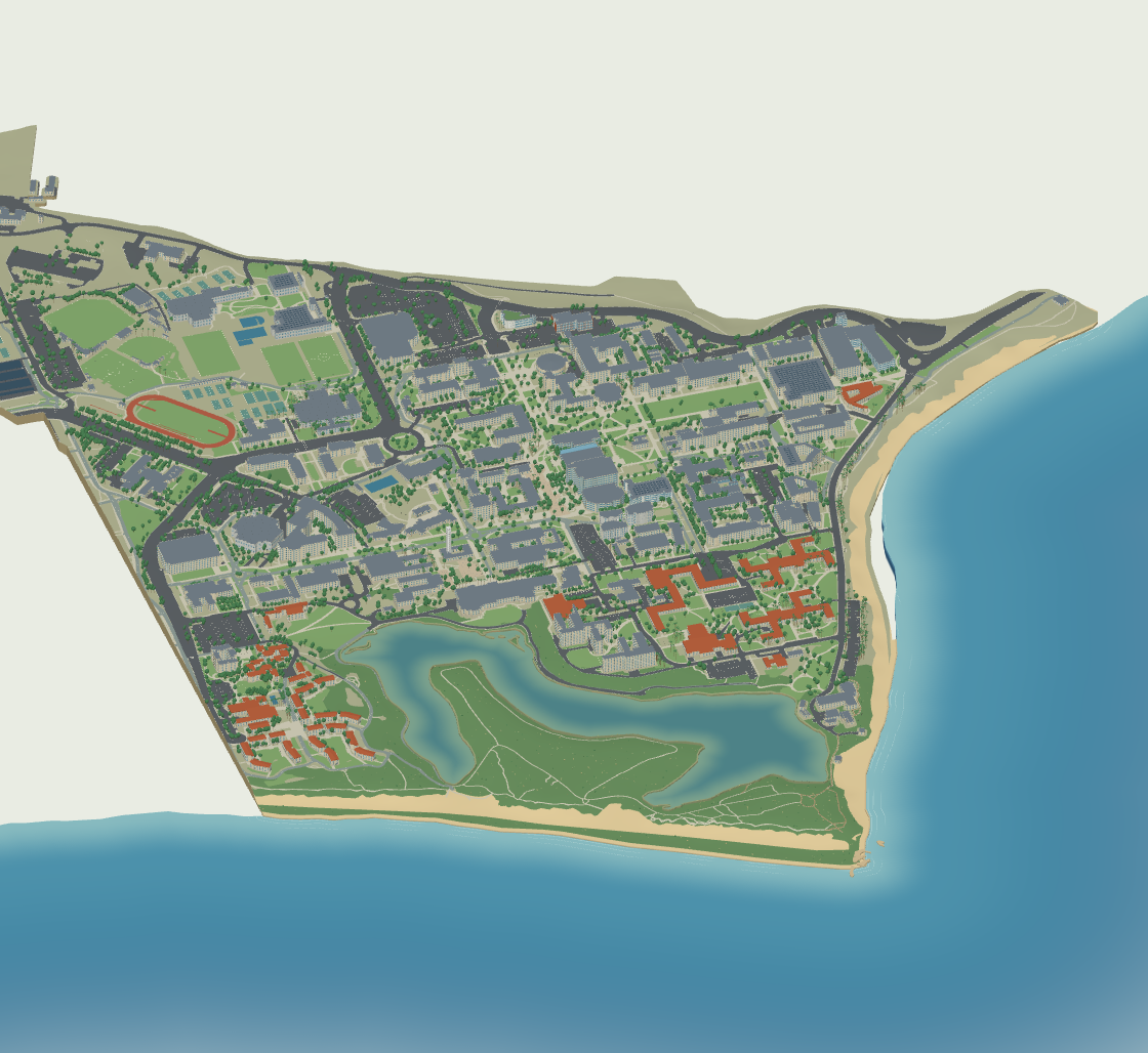 UC Santa Barbara coastal campus 3D model, with Storke Tower, academic buildings, Campus Lagoon, beaches and the Pacific Ocean.
